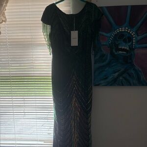 Embellished Beaded Maxi Dress in Dark Green